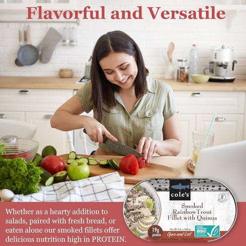 5.6 oz Hand-Packed 19g 1 COLES - Smoked Rainbow Trout Fillet with Quinoa | Open & Ready to Eat Meal | Canned & |