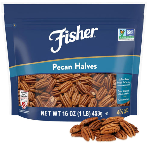 Fisher Chef's Naturals Pecan Halves 1 Lb Resealable Bag, Unsalted Raw Nuts