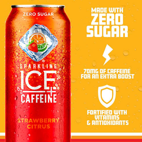 Sparkling ICE (Pack 12, 16 oz +Caffeine Cherry Vanilla and Strawberry Citrus Sparkling Water with Caffeine, Zero Sugar