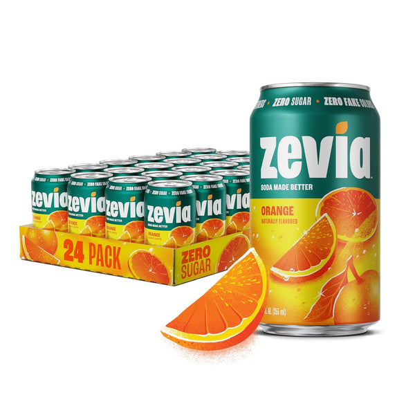 Zevia Zero Sugar Soda, Orange, 12 oz Cans (24-Pack) Naturally Sweetened, Non-GMO