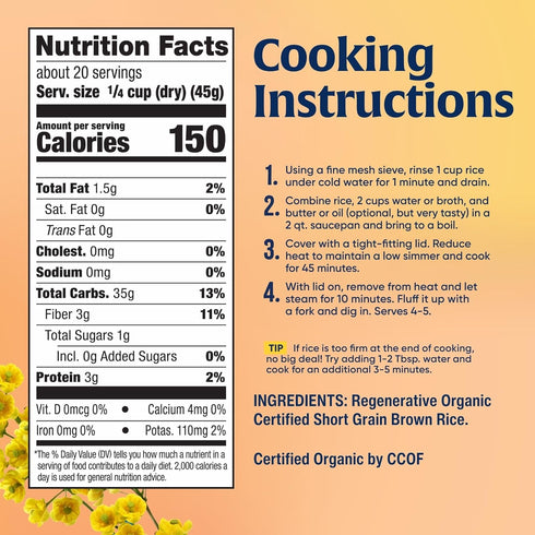 32 Oz (Pack 2) Lundberg Short Grain Brown Rice, Regenerative Organic Certified Slightly Nutty, Sticky Rice Responsibly