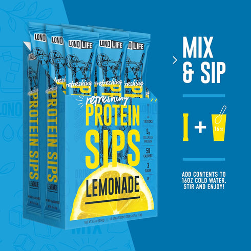 10 Packets, 5g 50 LonoLife Refreshing Protein Sips Lemonade Drink Mix, Single Serve Collagen Protein, Calories