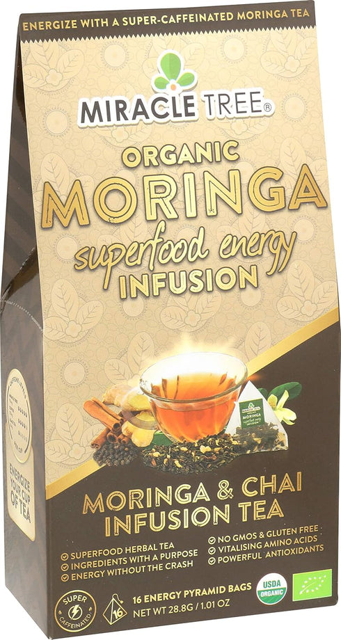 Miracle Tree's Energizing Moringa Infusion - Chai | Organic Certified & Non-GMO | 16 Pyramid Sachets, Healthy Coffee