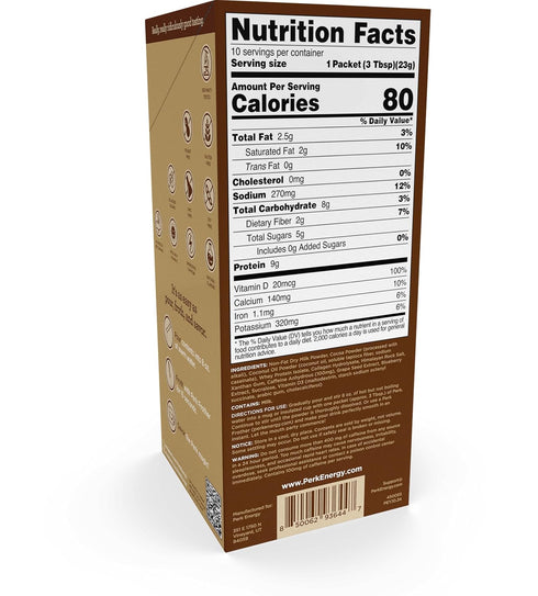 10 Packs 100mg Perk Energy Drink Mix (Dutch Hot Cocoa) Stick - Caffeinated Healthy Coffee Alternative with Protein