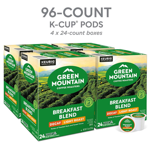 96 Count Green Mountain Coffee Roasters Breakfast Blend Decaf Coffee, Keurig Single Serve K-Cup pods, Light Roast