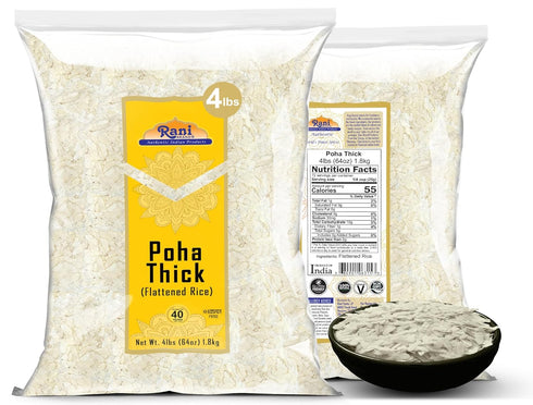 64oz (4lbs) 1.81kg (Pack 2) Rani Poha (Powa) Thick Medium-Cut (Flattened Rice) ~ All Natural, Salt-Free | Vegan |