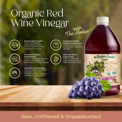 (1/64oz) Mother Earth, Organic Red Wine Vinegar with The Mother, Fresh Pressed Organic Cabernet Grapes, ORWV, RWV, Raw