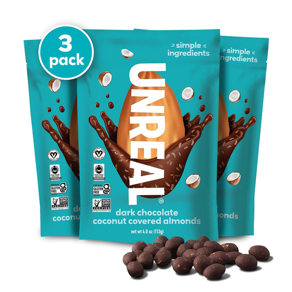 UNREAL Dark Chocolate Coconut Almonds (3 Pack) - Certified Vegan, Gluten Free,