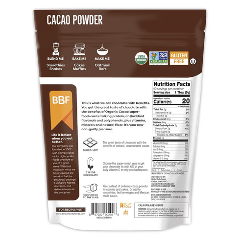 16 1 lb (Pack 2) BetterBody Foods Organic Cacao Powder, Rich Chocolate Flavor, Non-GMO, Gluten-Free, Cocoa, ounce, bag