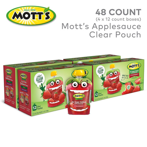 3.2 Oz 48 Count (4 Packs 12), Mott's No Sugar Added Strawberry Applesauce, Clear Pouches, Of Good Source Of Vitamin C