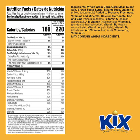 18 oz Kix Whole Grain Breakfast Cereal, Crispy Corn Cereal Puffs, Family Size