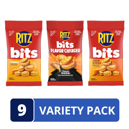 Pack, 9-3 oz RITZ Bits Flavor Charged Sandwich Crackers Variety Snacks for Kids and Adults, Lunch Snacks, Bags