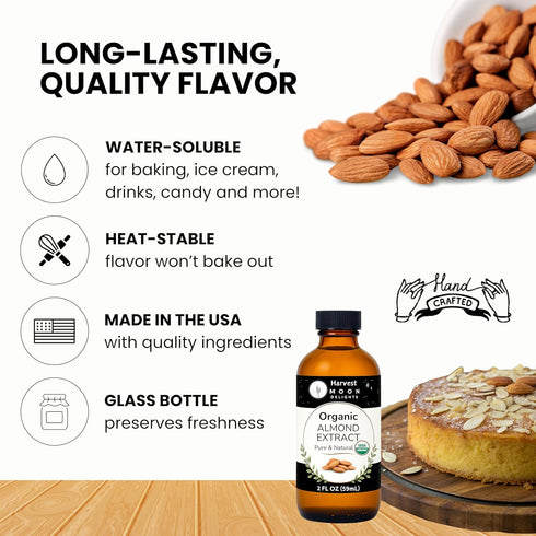2 Oz Organic Almond Extract for Baking, Drinks, Ice Cream and Candy - - Harvest Moon Delights - Almond Flavoring