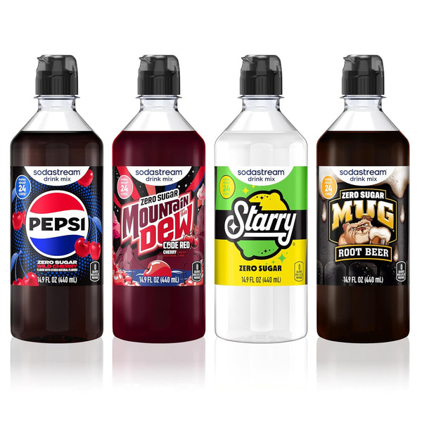SodaStream Pepsi Wild Cherry Zero, MTN Dew Code Red Zero, Starry Zero