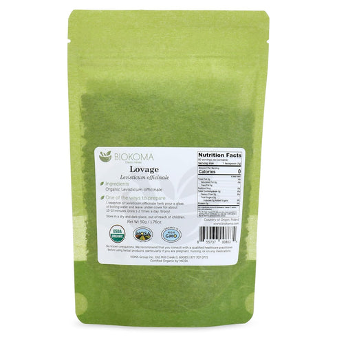 Pure and Organic Lovage Dried Leaves 50g (1.76oz) in Resealable Moisture Proof Pouch, USDA Organic Herbal Tea