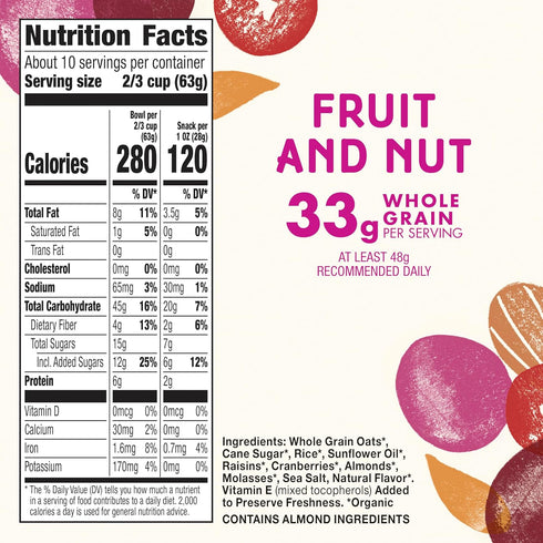 22 oz Cascadian Farm Organic Granola, Fruit and Nut Cereal, Resealable Pouch, Family Size