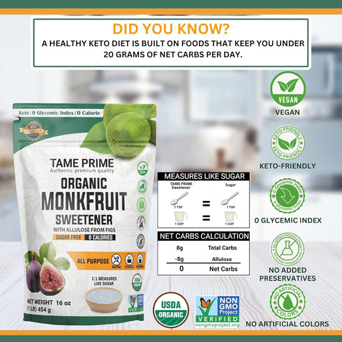 1 lb (454 1:1 0 0 Tame prime USDA Organic Monkfruit sweetener with Allulose from figs, g), sweet like sugar, organic