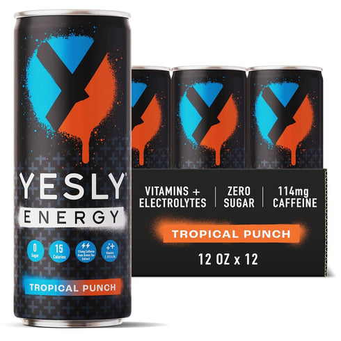 Yesly Energy Drink, Tropical Punch, Naturally Flavored Sparkling Energy Drink With Electrolytes,