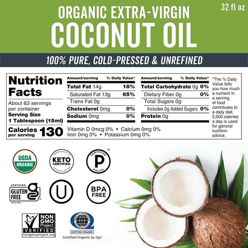 32 oz Viva Naturals Organic Coconut Oil, fl Unrefined, Cold-Pressed Extra Virgin Coconut Oil, USDA Organic & Non-GMO