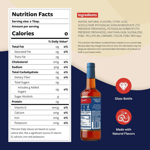 25.4 Oz Torani Sugar Free Syrup, Orange Flavoring for Drinks, Zero Calorie, Glass Bottle with Pump Included, Fl