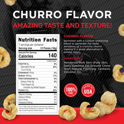 8Oz) Ol' Uncle Porkers Shaw Strength Protein Pork Rinds (Churro, Developed for Worlds Strongest Man Brian Shaw