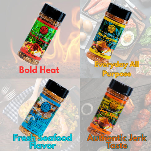 8 oz (Pack 4), The Rainas Kitchen Jamaican Seasoning Collection - Raining Fire Scotch Bonnet Pepper Salt, Ocean Rain