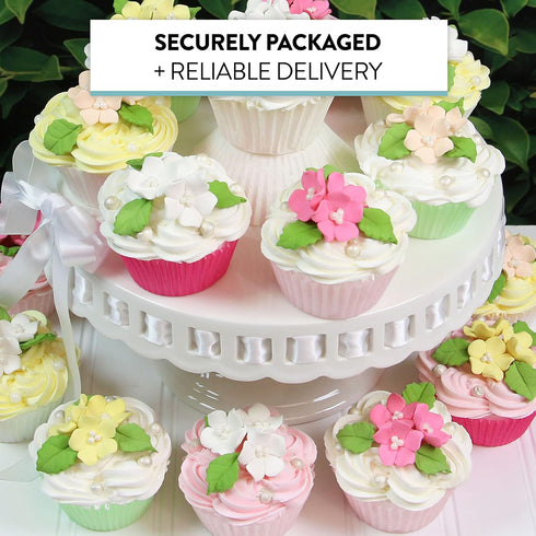 24 Count Global Sugar Art Blossoms and Leaves Edible Sugar Cake & Cupcake Flowers, White, Small Unwired, with Leaves by