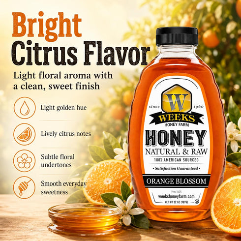 32 oz Pure Raw Unfiltered Orange Blossom Honey, - Premium American Sourced by Weeks Honey Farm | Light Citrus Floral