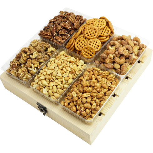 6-Compartment Honey Roasted Mixed Nuts Gift Basket Pecans, Walnuts, Cashews & Peanuts and Pretzel in Mini Bags, Wooden