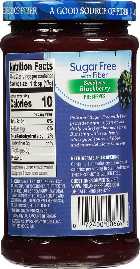 Polaner 13.5 Sugar Free with Fiber, Seedless Blackberry Preserves, Ounce