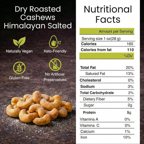 (1 LB.) Dry Roasted Cashews Himalayan Salted - Baked in Small Batches for Added Freshness - Oven Roasted to Perfection