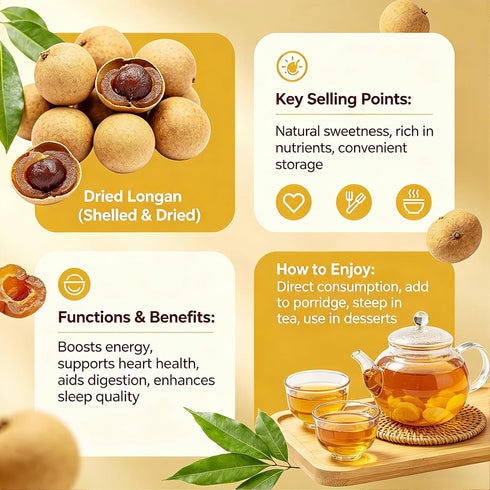 8oz 100% (225g) Dried Longan Fruit - Natural, No Sugar Added Thai Longan for Snacks, Tea & Cooking - Reusable