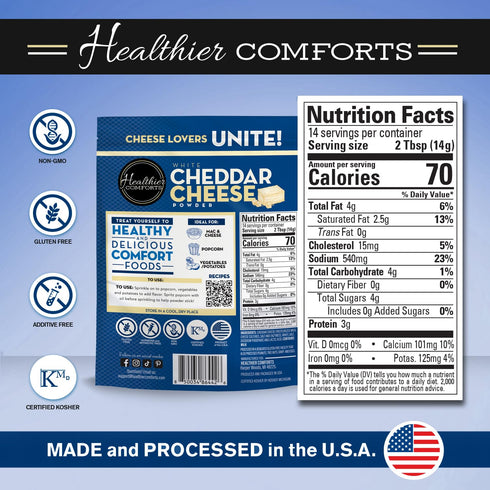 (7 oz) Healthier Comforts White Cheddar Cheese Powder | Gluten Free, Kosher, Keto-Friendly, Non-GMO, Antibiotic