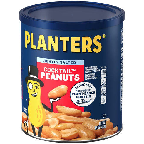 16 Oz PLANTERS Dry Roasted Peanuts, Plant-Based Protein, Lightly Salted, Peanut Snack, Jar