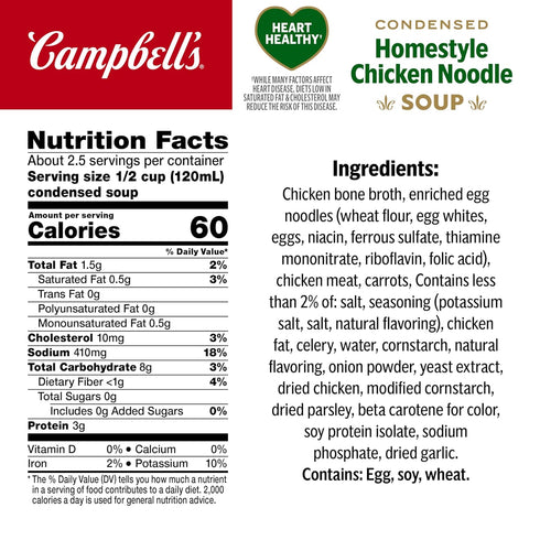 10.5 oz (12 Pack) Campbells Condensed Heart Healthy Homestyle Chicken Noodle Soup, Can