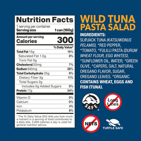 5.6oz, Pack 4 Wild Planet Ready-To-Eat Wild Tuna Pasta Salad With Organic Red Peppers, Tomatoes & Green Olives, Tuna