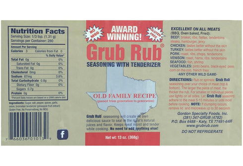 Gordon Specialty Foods, Inc. Grub Rub Meat Tenderizer, Seasoning, Marinade Dry Rub Meats, Vegetables (Single)