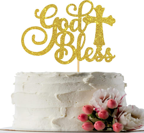 Gold Glitter God Bless Cake Topper for Communion Party Sign, Baptism, Christening, First Baby Shower Decoration