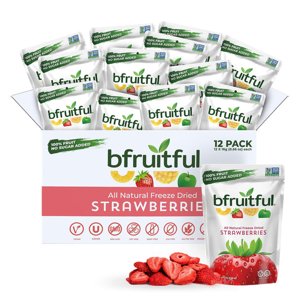 bfruitful Freeze-Dried Strawberries, Freeze Dried Fresh Fruit Bites, Gluten Free, Vegan, Dairy