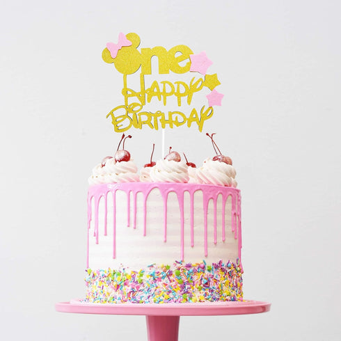 Glitter Gold Pink One Cake Topper for Girls' First Birthday Minnie Party Cake Decorations