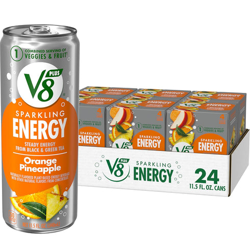 V8 +ENERGY Sparkling Orange Pineapple Juice Energy Drink, 11.5 fl oz Can (24 Pack)