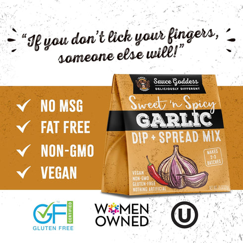 (4-Pack) Sauce Goddess - Sweet n Spicy Garlic Dip & Spread Mix - Low Sugar, Low Sodium, Fat-Free, Vegan, Medium-Spicy