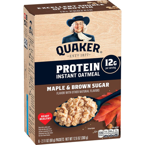 Quaker Protein Instant Oatmeal, Maple Brown Sugar, 12g Protein per Serving, Whole