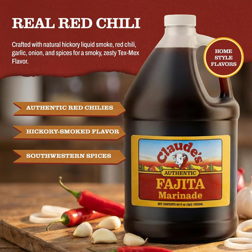 (Pack 4, 64oz) Claude's Authentic Fajita Marinade of - Real Hickory Smoke, Red Chili Fajitas Sauce for Steak, Chicken