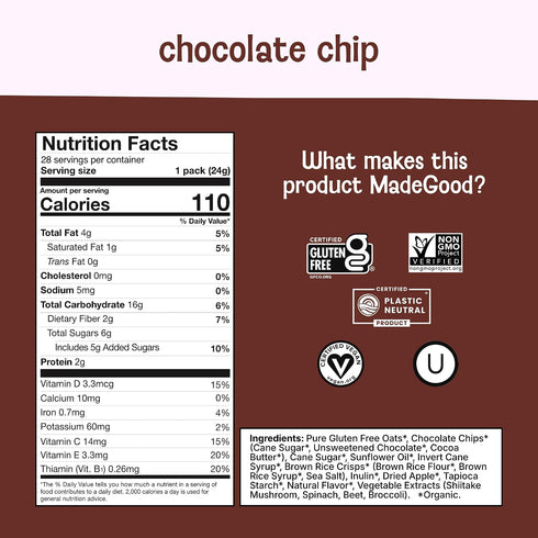 28 Count, MadeGood Chocolate Chip Granola Bites, Organic and Delicious Snacks