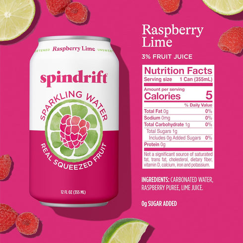 9 12 Oz Pack 24 Spindrift Sparkling Water, Raspberry Lime Flavored, Made with Real Squeezed Fruit, Only Calories per