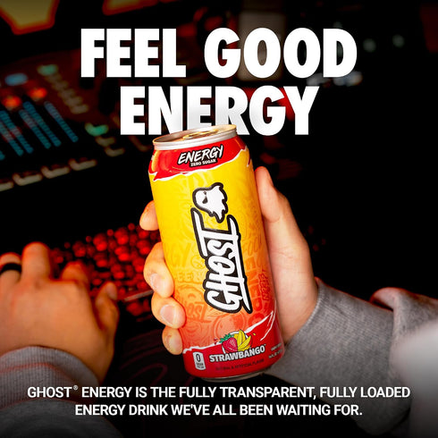 12-Pack, 16oz 200mg GHOST Energy Drink - Strawbango, - Energy & Focus & No Artificial Colors - of Natural Caffeine