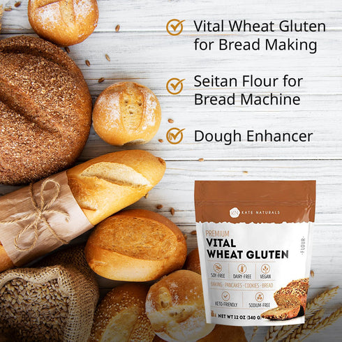 (12oz, Kate Naturals Vital Wheat Gluten for Bread Making, Baking & Seitan. Compatible with Bread Machine High Protein