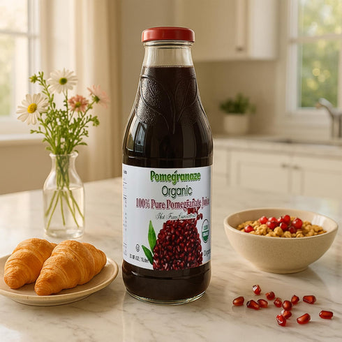 Pomegranaze 100% 33.8 Oz (2 Pack) Organic Pomegranate Juice, Glass Bottle No Sugar, No Artificial Colors, No