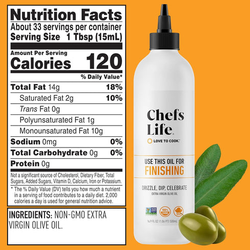 100% 16.9 Oz (1 Pack) Chefs Life Finishing Oil - Olive Oil Extra Virgin, Extra Virgin Olive Oil, EVOO, Perfect